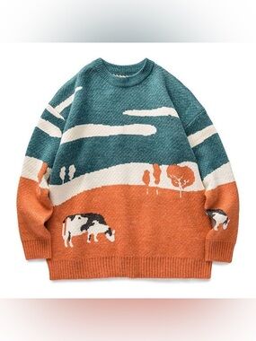 Aelfric Eden Vintage Prairie Cow Pattern Sweater XL Streetwear Y2K Casual Spring